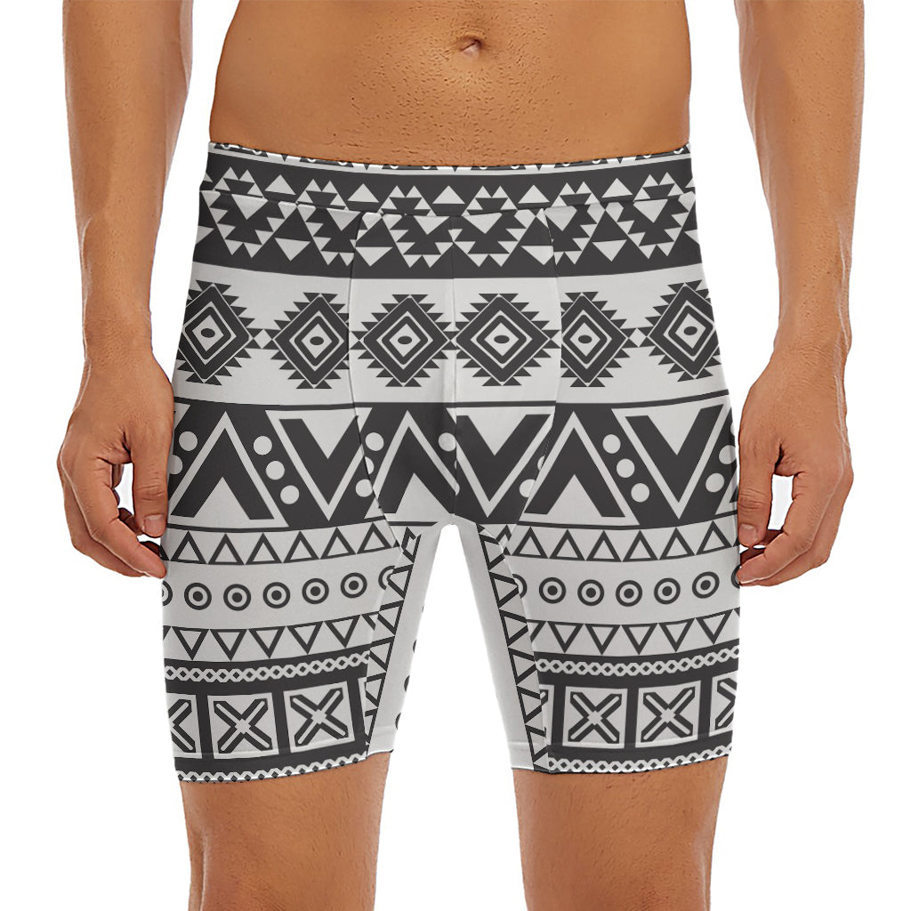 Dark Grey Aztec Pattern Print Men's Long Boxer Briefs