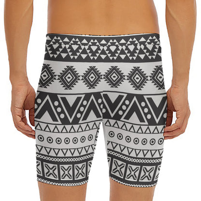 Dark Grey Aztec Pattern Print Men's Long Boxer Briefs
