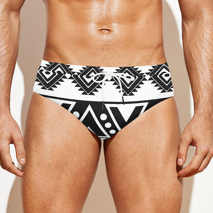 Dark Grey Aztec Pattern Print Men's Swim Briefs