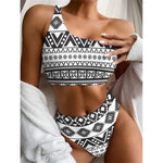 Dark Grey Aztec Pattern Print One Shoulder Bikini Top