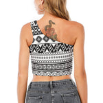 Dark Grey Aztec Pattern Print One Shoulder Crop Top