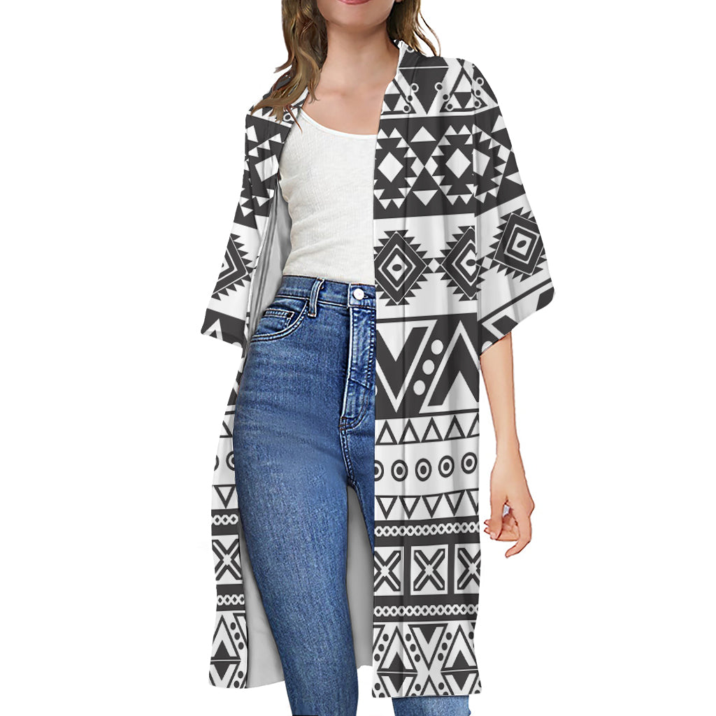 Dark Grey Aztec Pattern Print Open Front Beach Cover Up