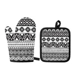 Dark Grey Aztec Pattern Print Oven Mitt And Pot Holder Set