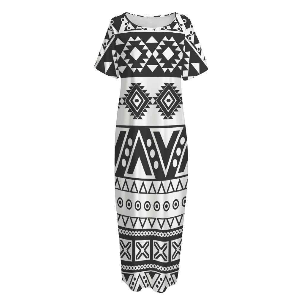 Dark Grey Aztec Pattern Print Short Sleeve Long Nightdress