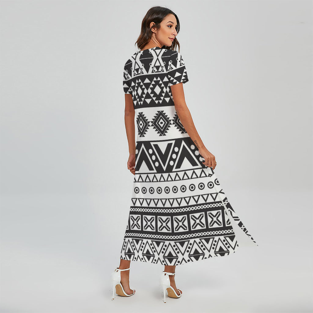 Dark Grey Aztec Pattern Print Short Sleeve Maxi Dress