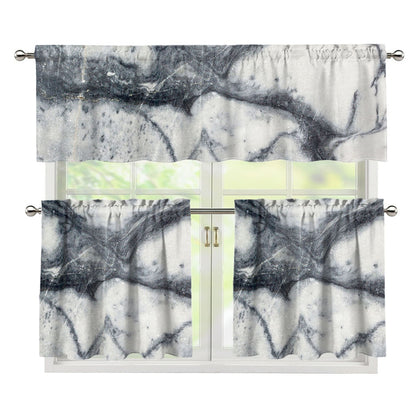 Dark Grey White Marble Print 3 Piece Kitchen Curtains