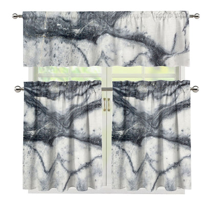 Dark Grey White Marble Print 3 Piece Kitchen Curtains