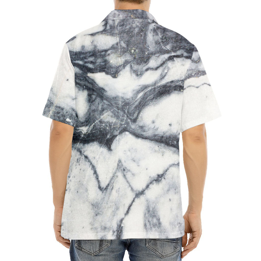 Dark Grey White Marble Print Aloha Shirt