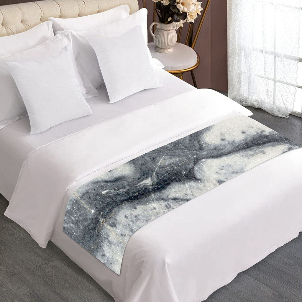 Dark Grey White Marble Print Bed Runner