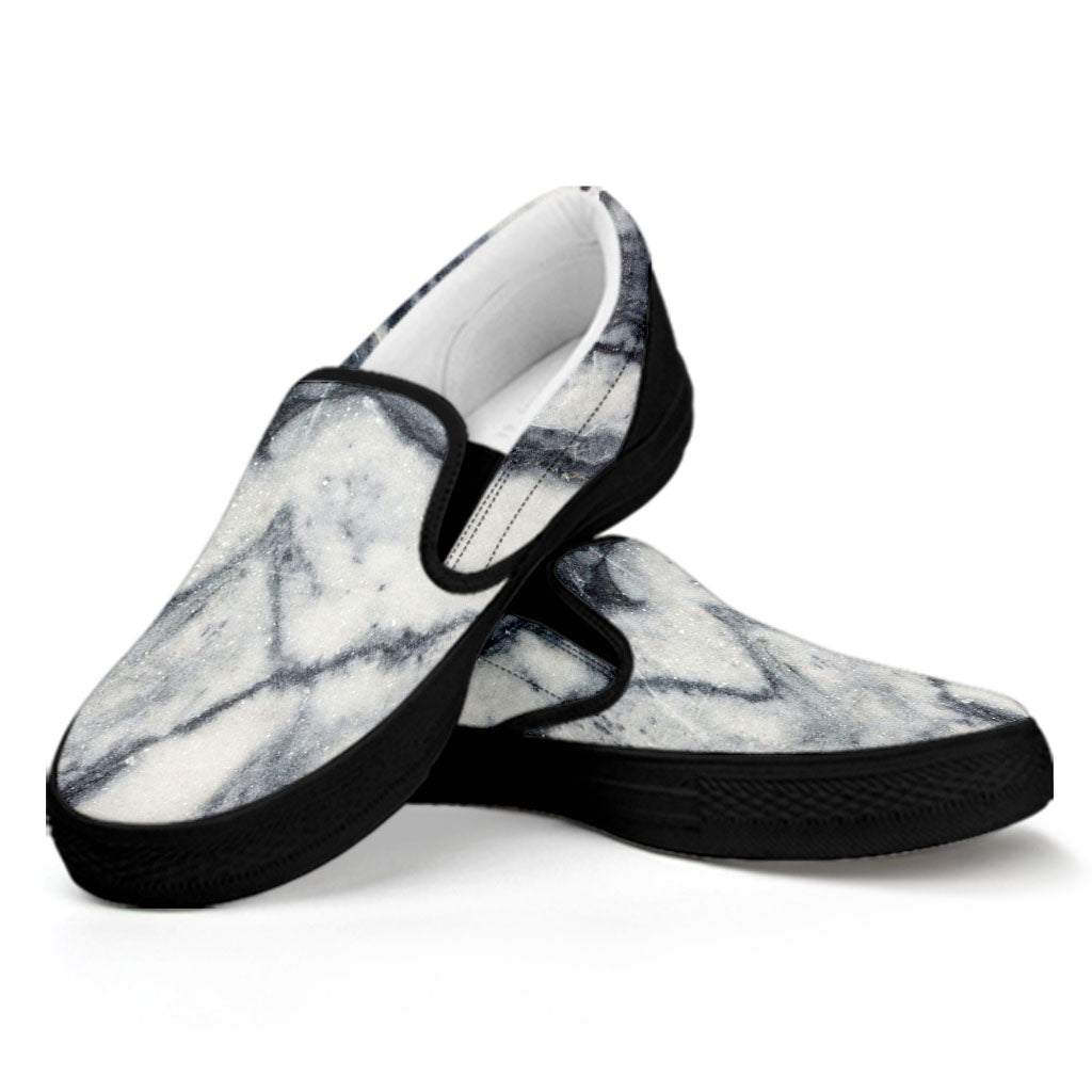 Dark Grey White Marble Print Black Slip On Sneakers