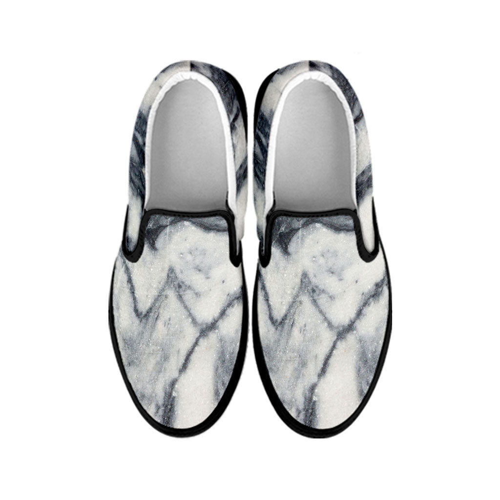 Dark Grey White Marble Print Black Slip On Sneakers