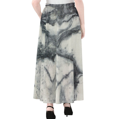 Dark Grey White Marble Print Chiffon Maxi Skirt