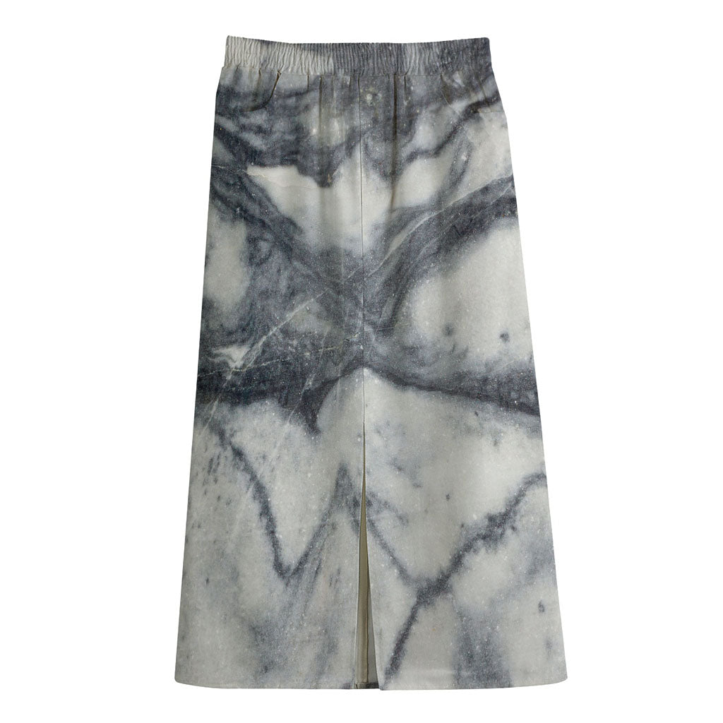 Dark Grey White Marble Print Cotton Front Slit Maxi Skirt