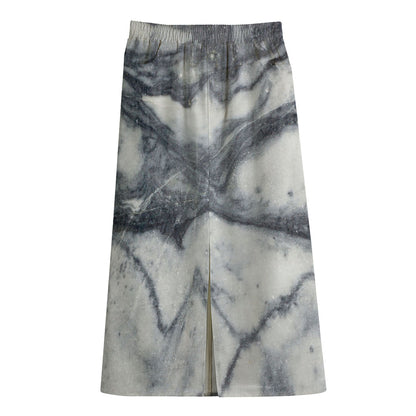 Dark Grey White Marble Print Cotton Front Slit Maxi Skirt