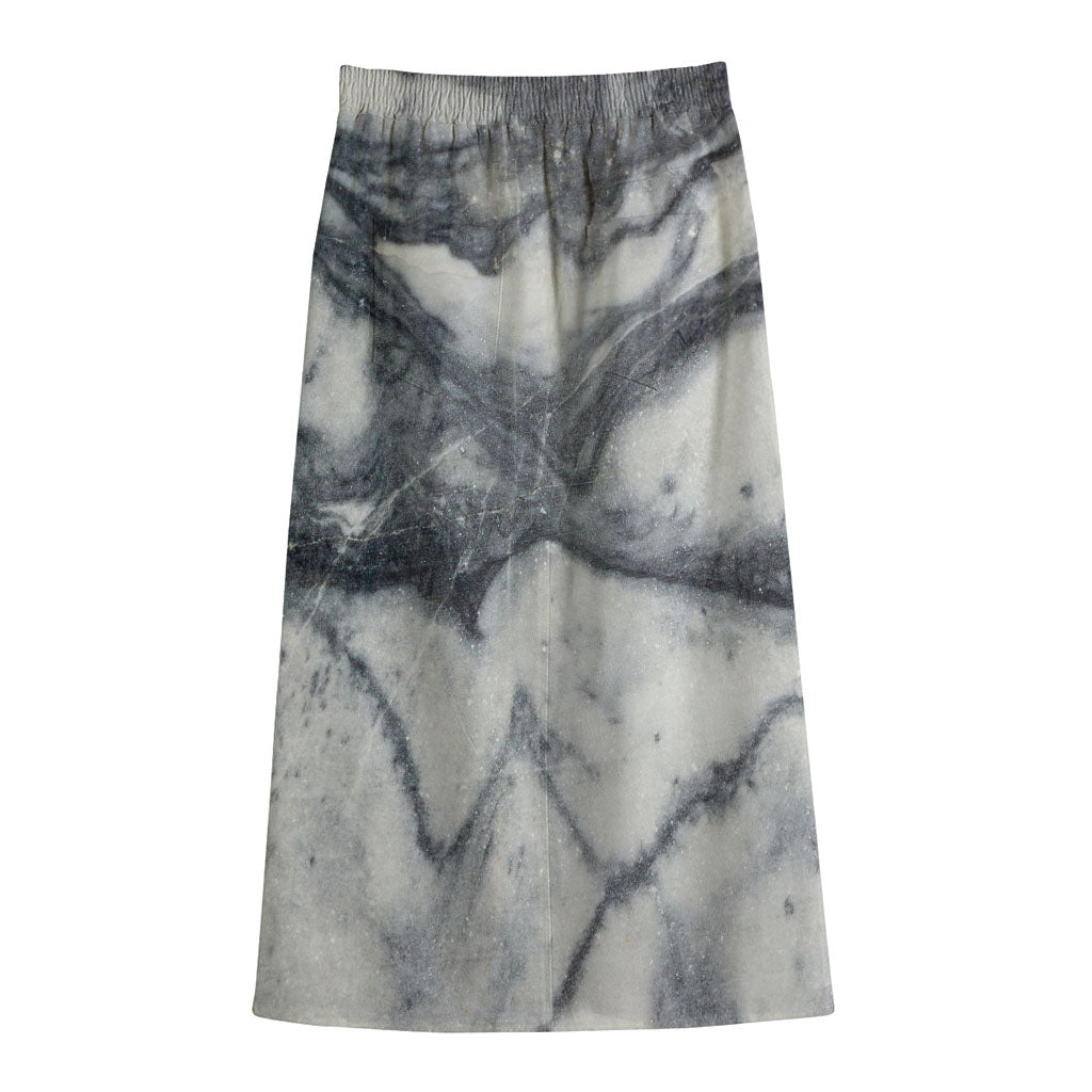 Dark Grey White Marble Print Cotton Front Slit Maxi Skirt