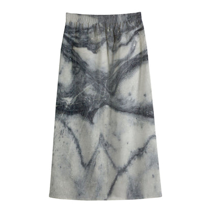 Dark Grey White Marble Print Cotton Front Slit Maxi Skirt