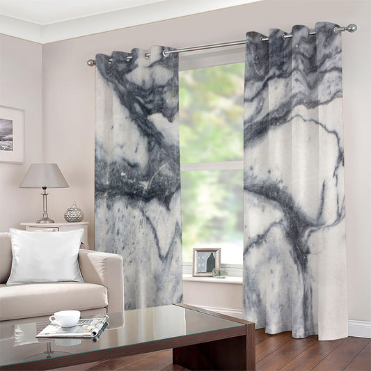 Dark Grey White Marble Print Extra Wide Grommet Curtains
