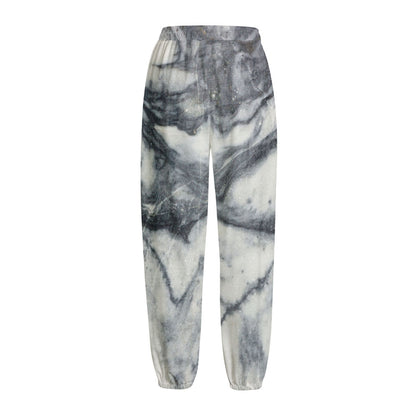 Dark Grey White Marble Print Fleece Lined Knit Pants