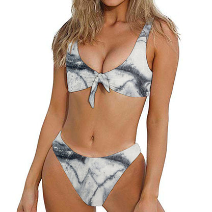 Dark Grey White Marble Print Front Bow Tie Bikini
