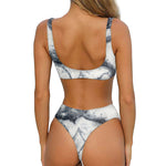 Dark Grey White Marble Print Front Bow Tie Bikini
