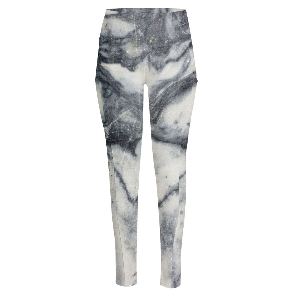 Dark Grey White Marble Print High-Waisted Pocket Leggings