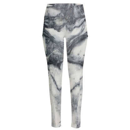 Dark Grey White Marble Print High-Waisted Pocket Leggings