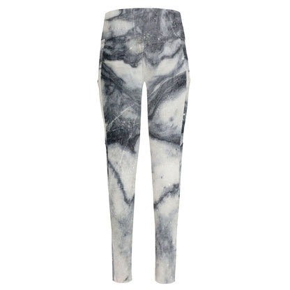 Dark Grey White Marble Print High-Waisted Pocket Leggings