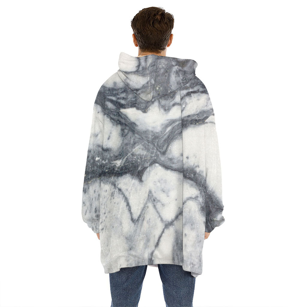 Dark Grey White Marble Print Hoodie Blanket