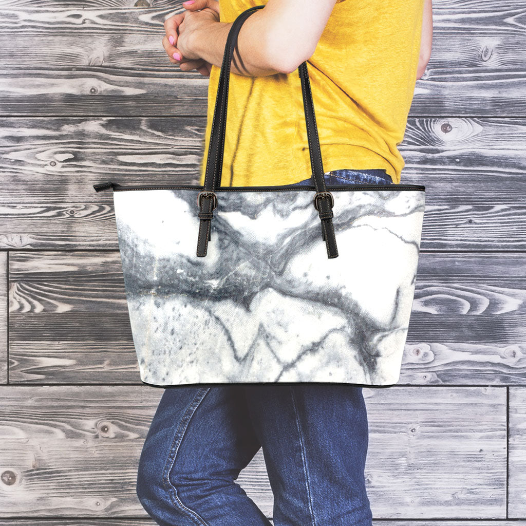 Dark Grey White Marble Print Leather Tote Bag