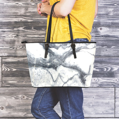 Dark Grey White Marble Print Leather Tote Bag