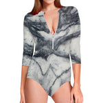 Dark Grey White Marble Print Long Sleeve Swimsuit