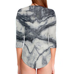Dark Grey White Marble Print Long Sleeve Swimsuit