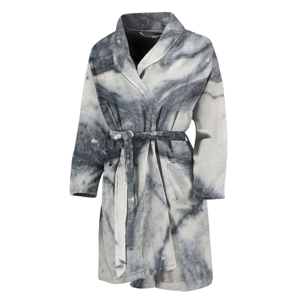 Dark Grey White Marble Print Men's Bathrobe