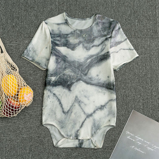 Dark Grey White Marble Print Men's Bodysuit