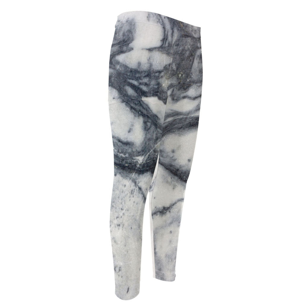 Dark Grey White Marble Print Men's Compression Pants
