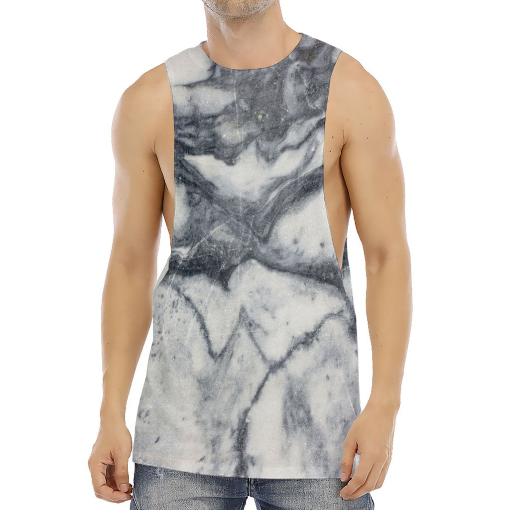 Dark Grey White Marble Print Men's Muscle Tank Top