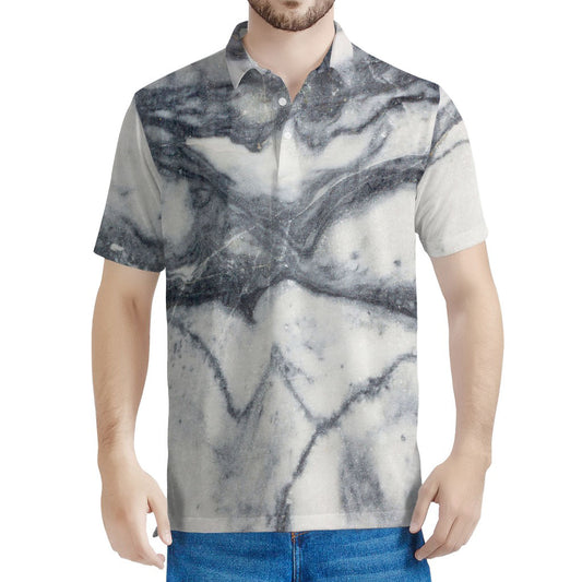 Dark Grey White Marble Print Men's Polo Shirt