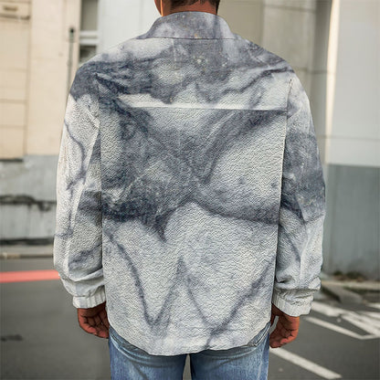 Dark Grey White Marble Print Men's Shirt Jacket