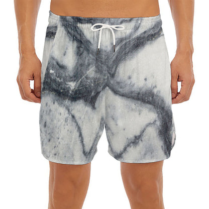 Dark Grey White Marble Print Men's Split Running Shorts