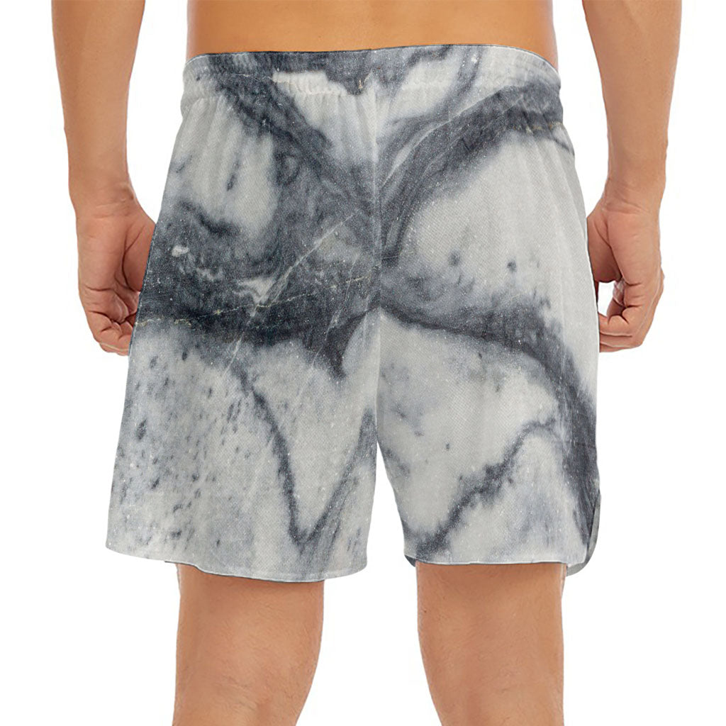 Dark Grey White Marble Print Men's Split Running Shorts