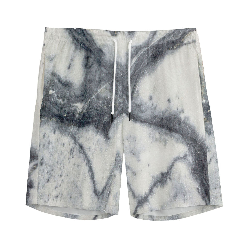 Dark Grey White Marble Print Men's Sports Shorts