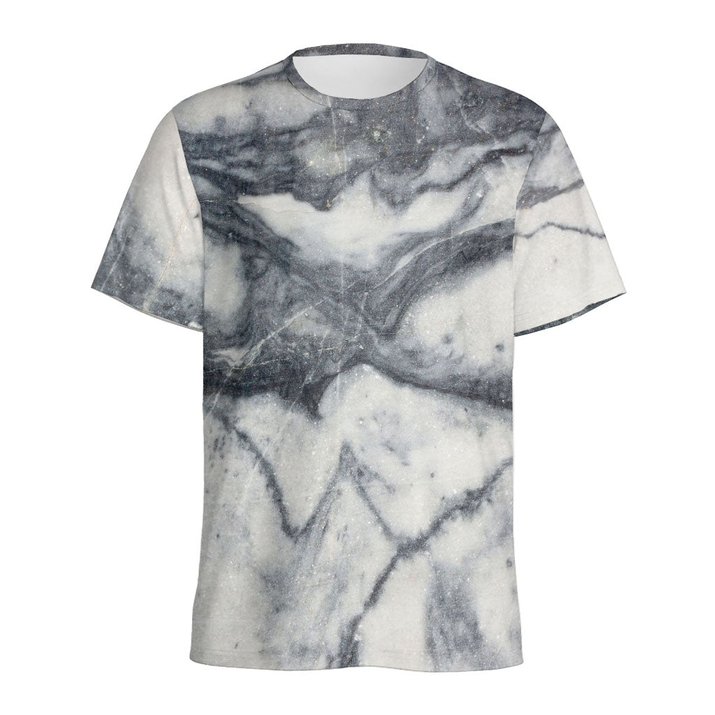 Dark Grey White Marble Print Men's Sports T-Shirt