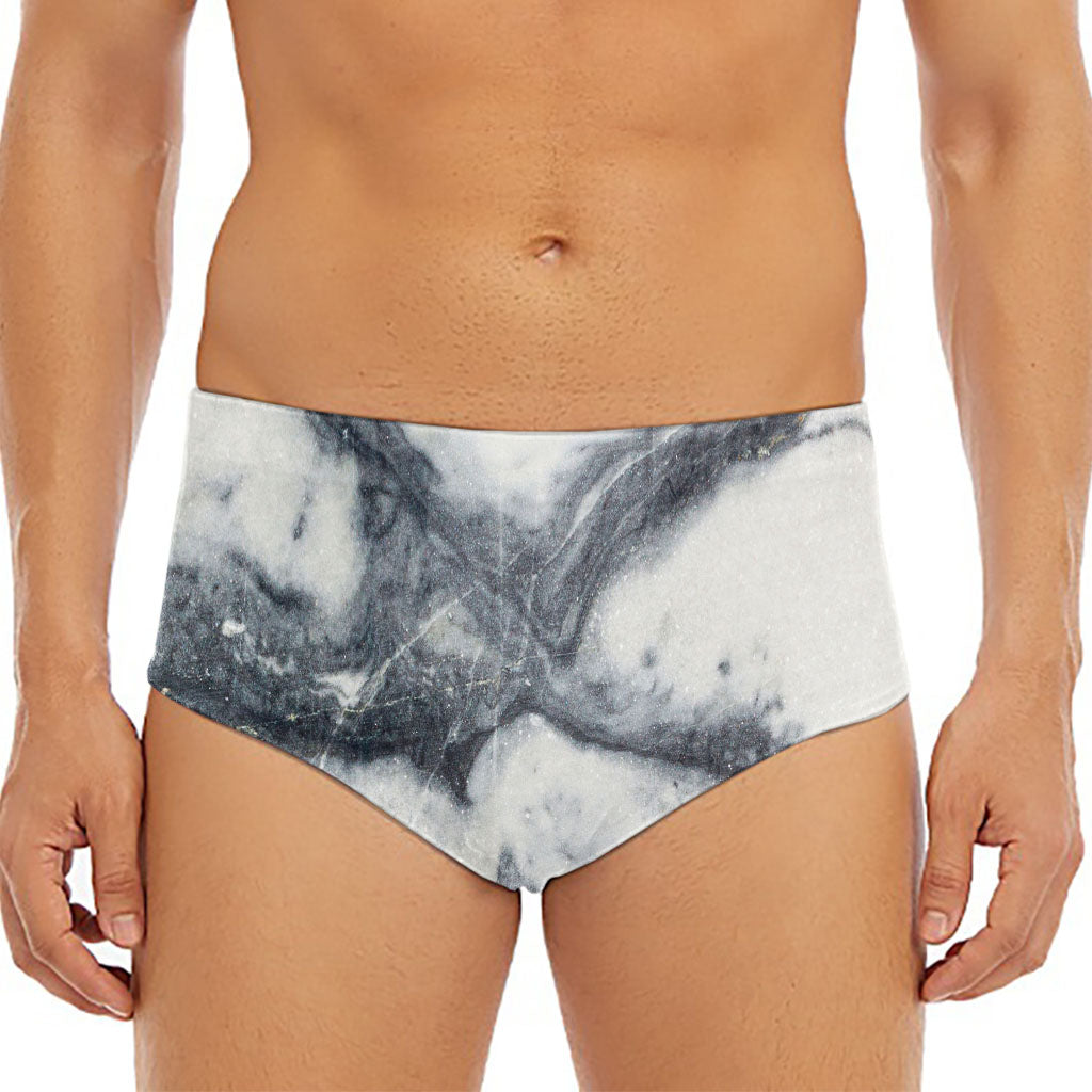 Dark Grey White Marble Print Men's Triangle Swim Briefs