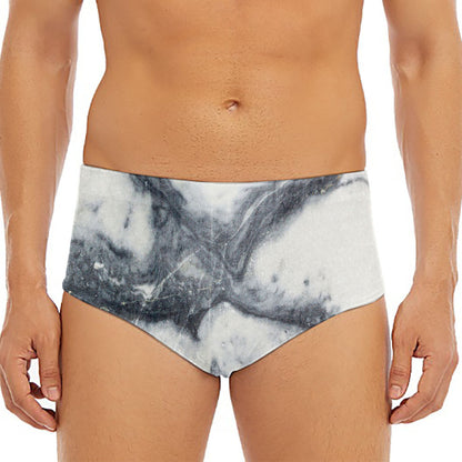 Dark Grey White Marble Print Men's Triangle Swim Briefs