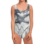 Dark Grey White Marble Print One Piece Swimsuit