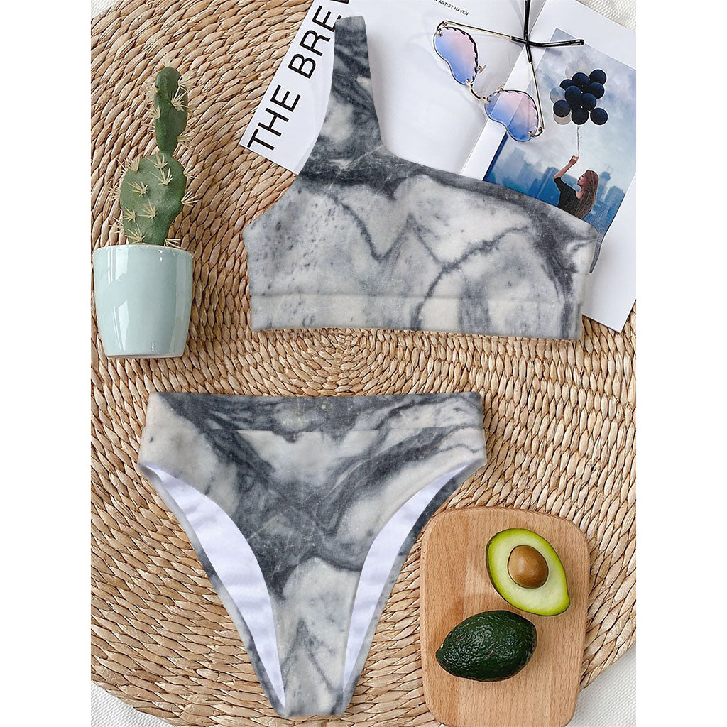 Dark Grey White Marble Print One Shoulder Bikini Top