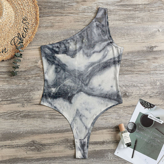 Dark Grey White Marble Print One Shoulder Bodysuit