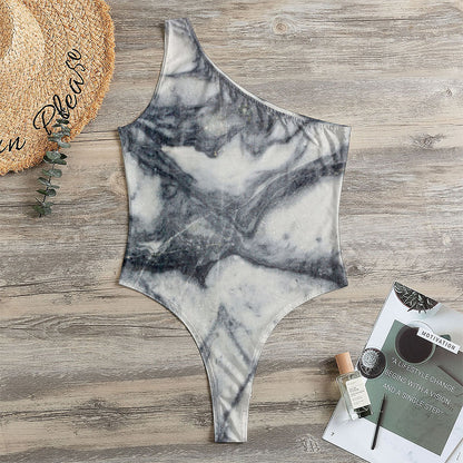 Dark Grey White Marble Print One Shoulder Bodysuit