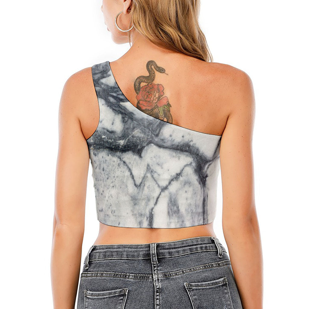 Dark Grey White Marble Print One Shoulder Crop Top