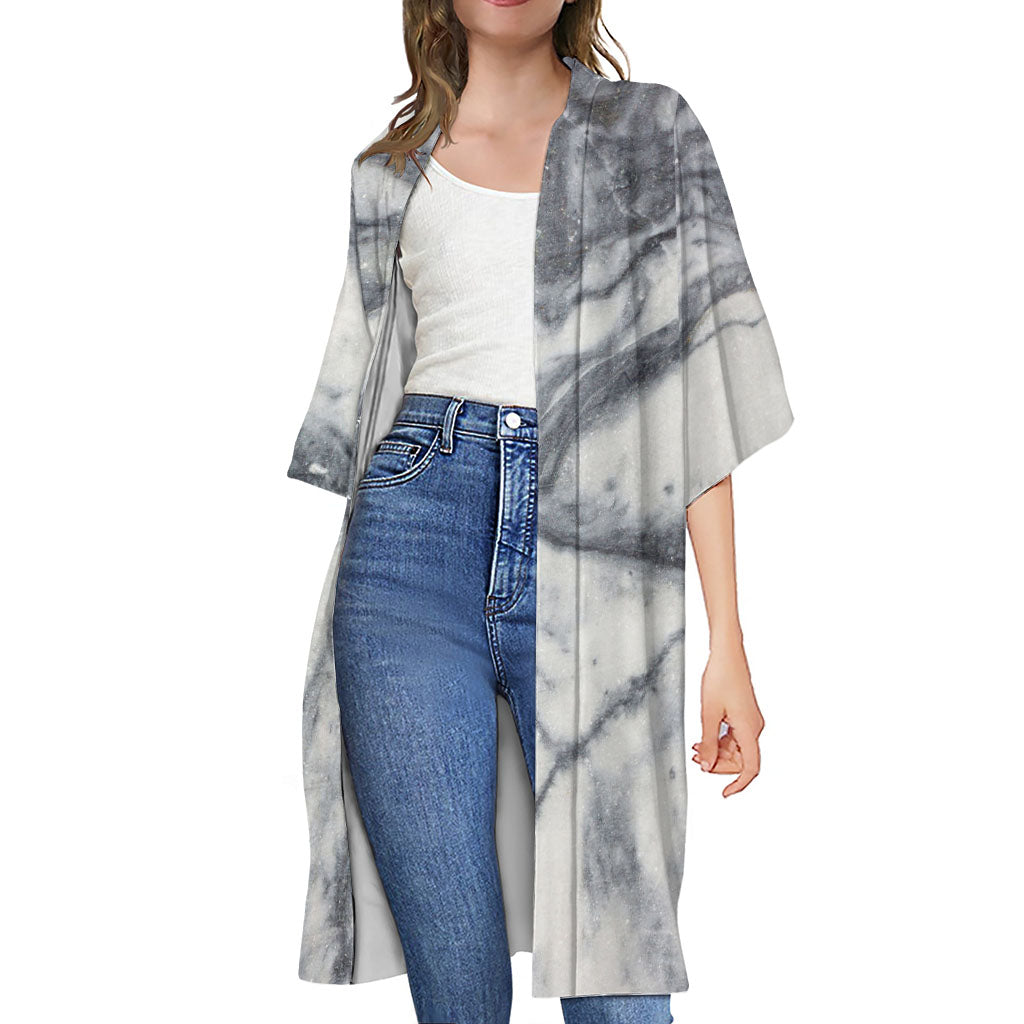 Dark Grey White Marble Print Open Front Beach Cover Up